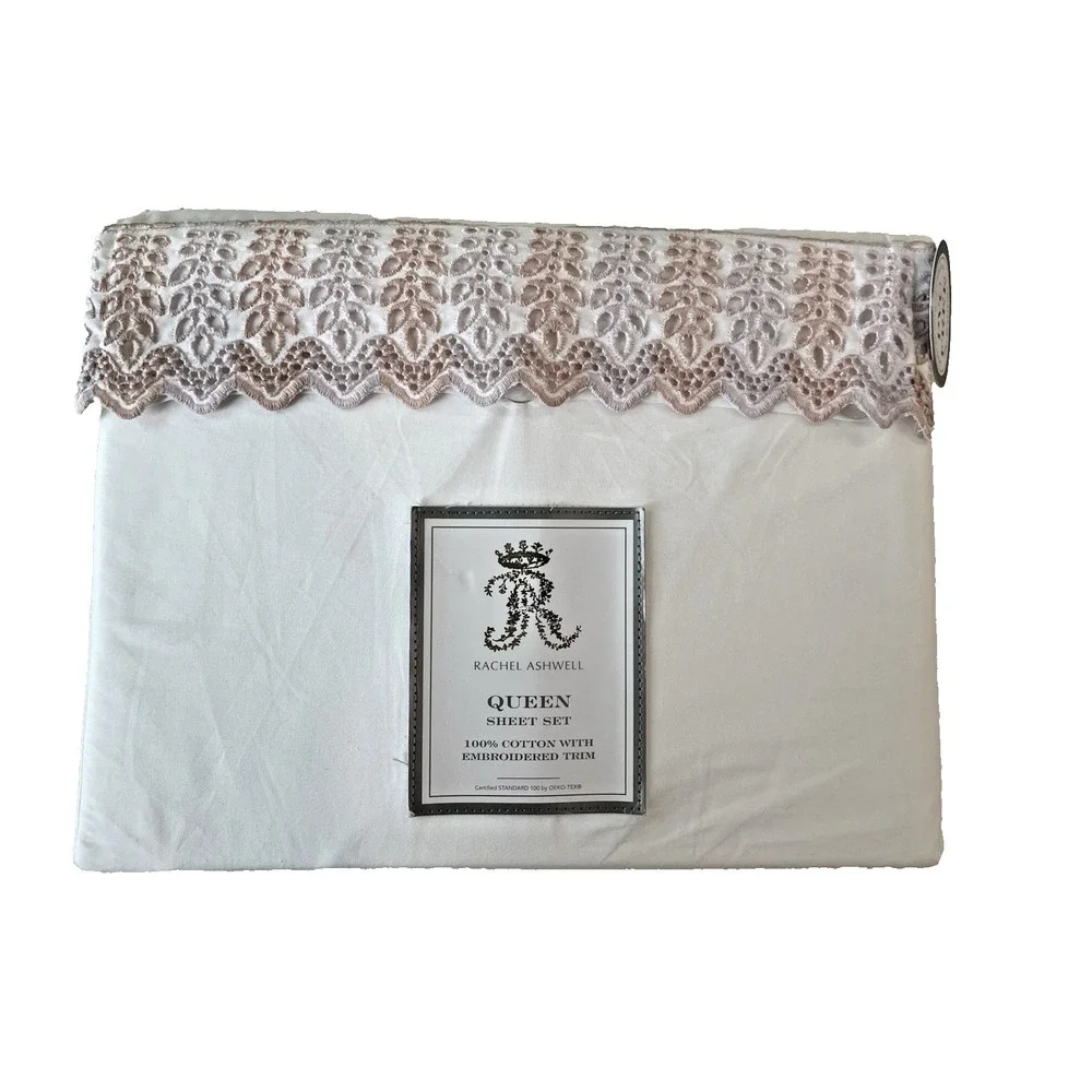 Rachel Ashwell Pink Embroidered Eyelet Hem QUEEN Sheet Set‎ White 100% Cotton